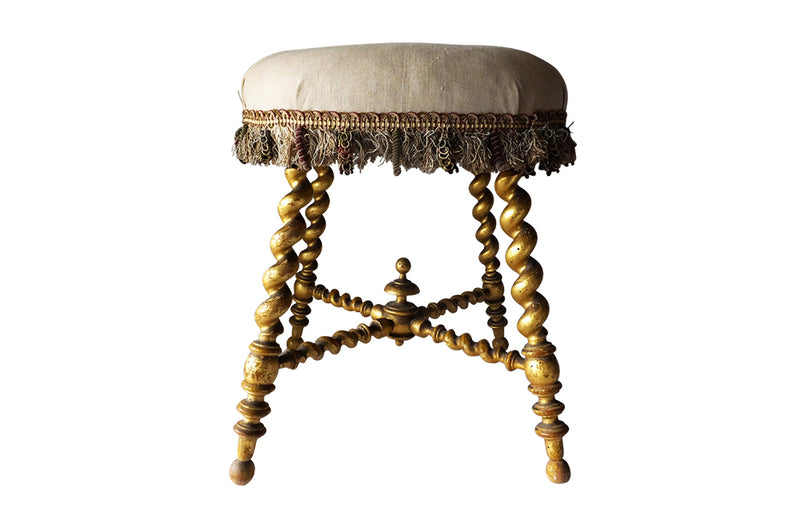 19th Century Gilt Barley Twist Stool-Giltwood Stool-Antique Stool-French Antiques-Antique Seating-Passementerie-Antique Linen-AD & PS Antiques