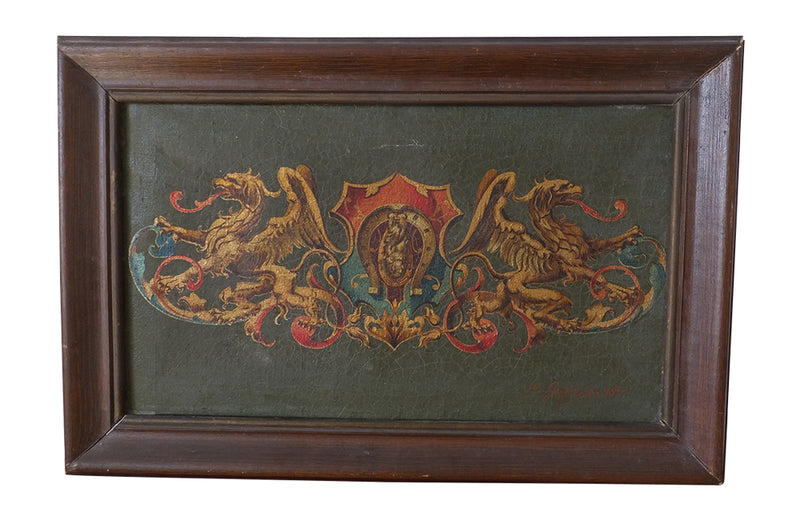 Heraldic Painting-Heraldry-Dragons-Motto-Spanish Antiques-Wall Decorations-Oil on Canvas-Paintings-Horses-French Antiques-AD & PS Antiques