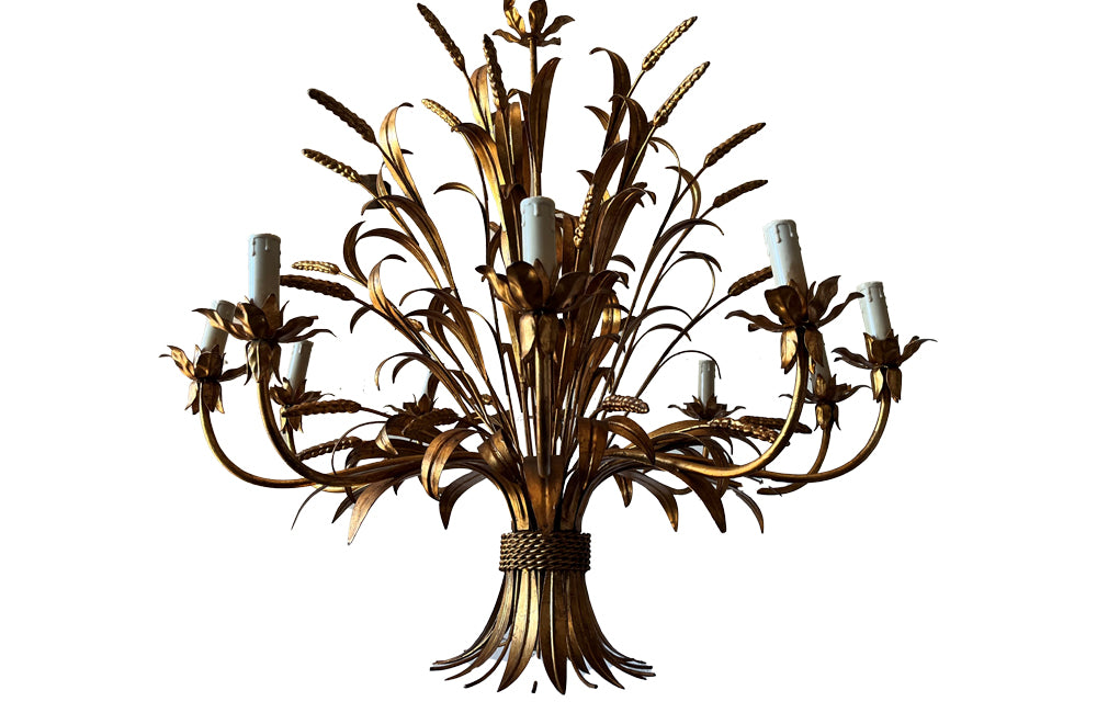 Large Wheatsheaf Gilt Metal Chandelier - Hollywood Regency - Mid Century Modern Lighting - French Decorative Antiques - Vintage Lighting - Large Chandelier - Hanging Light - Antique Lighting -  Wheatsheaf Chandelier - Antique Shops Tetbury - adpsantiques - AD & PS Antiques