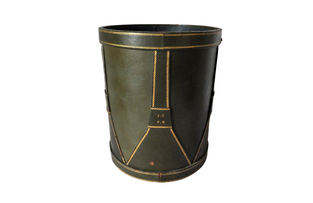 French Green Leather Drum Waste Paper Basket-Green Leather Waste Paper Bin-Decorative Accessories-Office Accessories-French Antiques-AD & PS Antiques