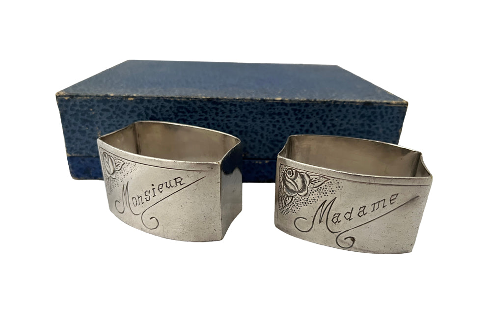 Pair of Madame and Monsieur Napkin Rings - Decorative Antiques - Silverplate Napkin Rings - Decorative Accessories - Serviette Rings - Wedding Gigts - Mr & Mrs - Fine Dining Accessories - Silver Plate Accessories - Antique Shops Tetbury - adpsantiques - AD & PS Antiques