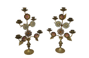 Pair of Bejewelled Brass Candlesticks-Bejewelled Candleabras-Antique Lighting-Lighting-Candlesticks-Candleabras-French Antiques-Decorative Accessories-Decorative Antiques-AD & PS Antiques