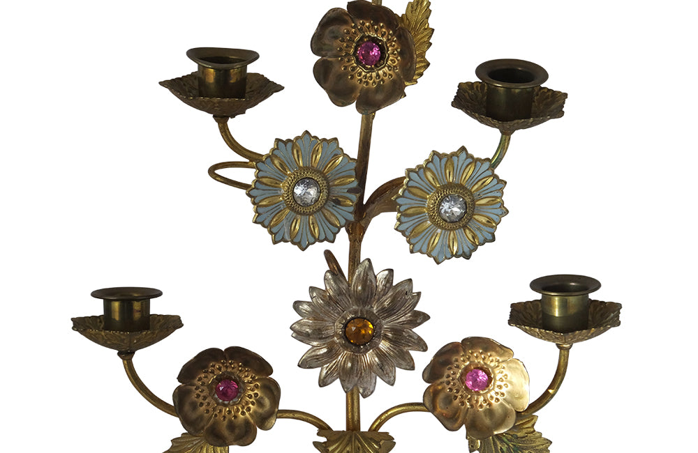 Pair of Bejewelled Brass Candlesticks-Bejewelled Candleabras-Antique Lighting-Lighting-Candlesticks-Candleabras-French Antiques-Decorative Accessories-Decorative Antiques-AD & PS Antiques