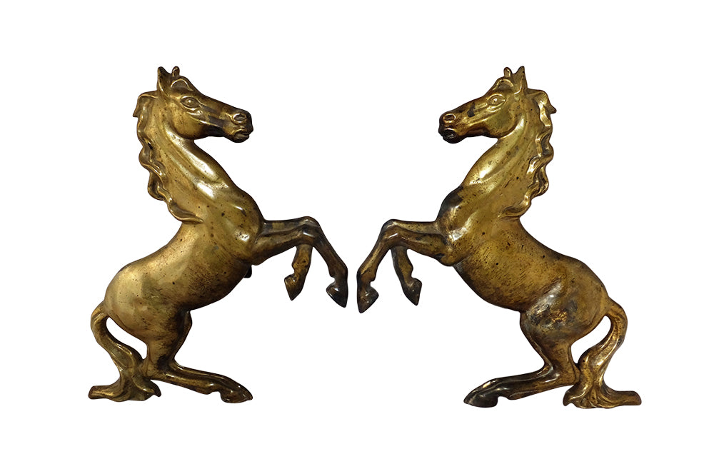 Pair of Brass Rearing Horse Andirons-Brass Horse Firedogs-Equestrian Antiques-Fireplace Accessories-Decorative Accessories-French Antiques-AD & PS Antiques