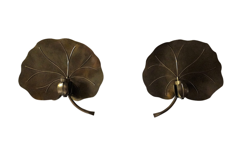Pair of Brass Lotus Leaf Wall Lights-Lily Pad Wall Lights-Vintage Appliques-Lighting -Mid Century Modern-AD & PS Antiques
