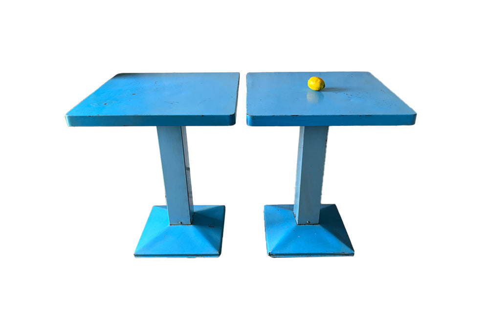 Pair Of Blue Iron Tolix Kub Tables - French Mid Century Furniture - Bistro Tables - Tolix Tables - Side Tables - Pairs of Tables - Iron Table - Mid Century Furniture - Vintage Tables - Blue Table - Dining Tables - Antique Shops Tetbury - adpsantiques - AD & PS Antiques