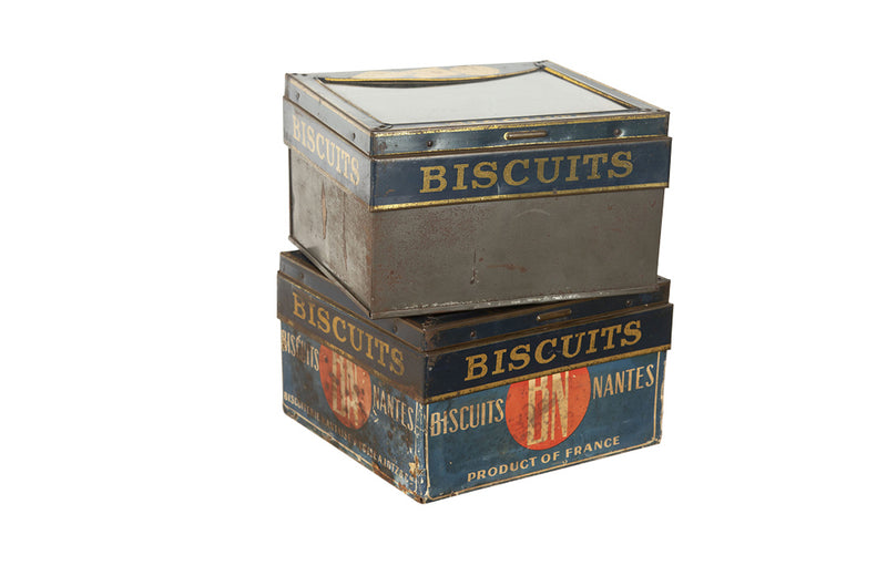 Pair of French Biscuit Tins with Glass Panel Lids- Decorative Accessories- Advertising Antiques -Kitchenalia- French Antiques - Biscuit Tins - AD & PS Antiques