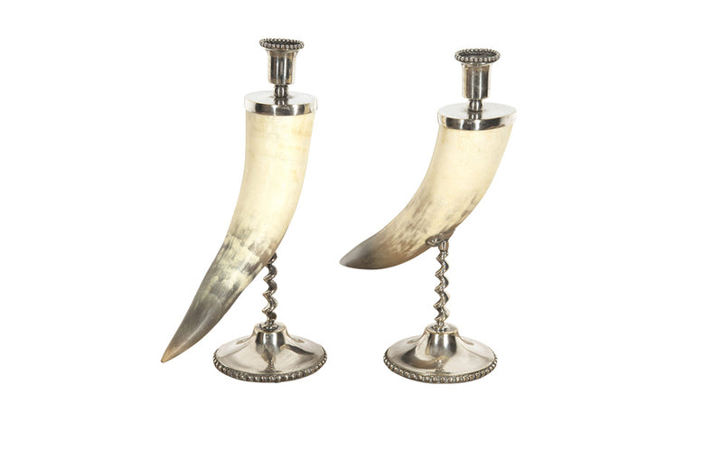 PAIR OF HORN & SILVERPLATE CANDLESTICKS