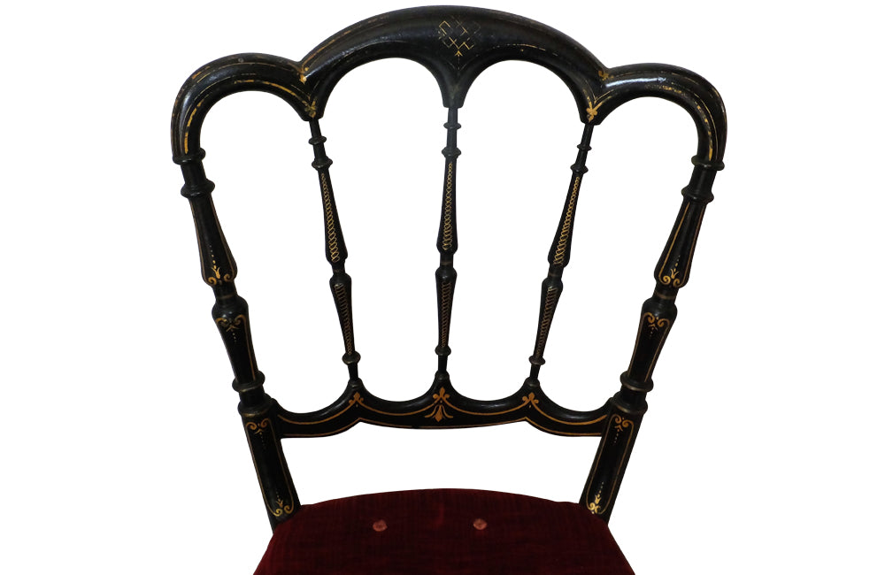 Pair of Napoleon III Parlour Chairs - Antique Chairs - French Antique Furniture - Ebonised Chairs --Theatre Chairs - AD & PS Antiques