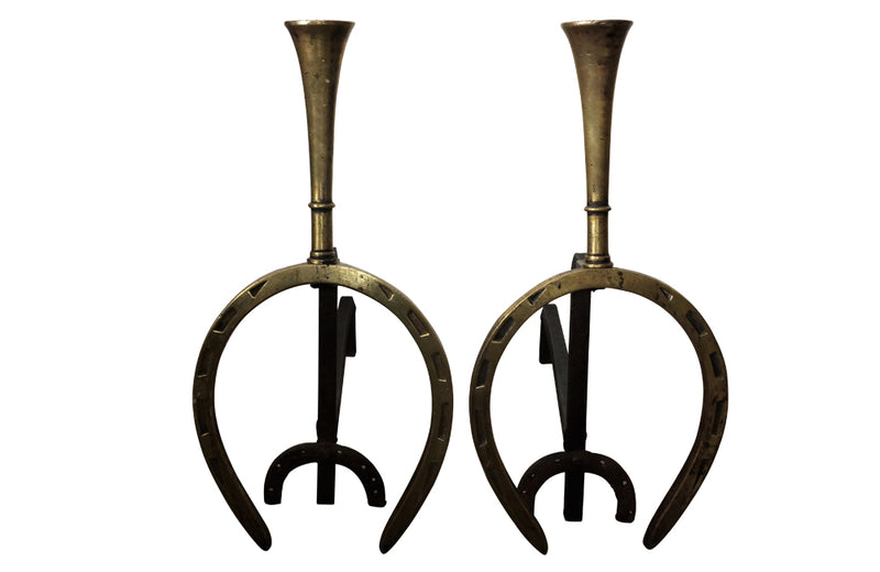 Pair of Large Hunting Lodge Andirons - Fireplace Accessories- Antique Andirons - Antique Firedogs - French Decorative Antiques - Equestrian Antiques -Antique Shops Tetbury - AD & PS Antiques 