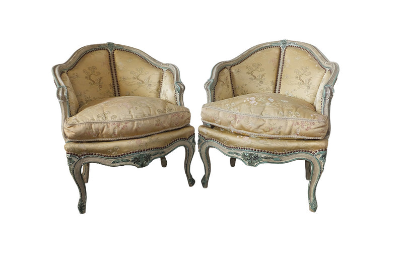 Pair of French Louis XV Revival Armchairs-Pair Of French 19th Century bergeres-French Antiques-Seating-Antique Seating -Silk Upholstery-AD & PS Antiques