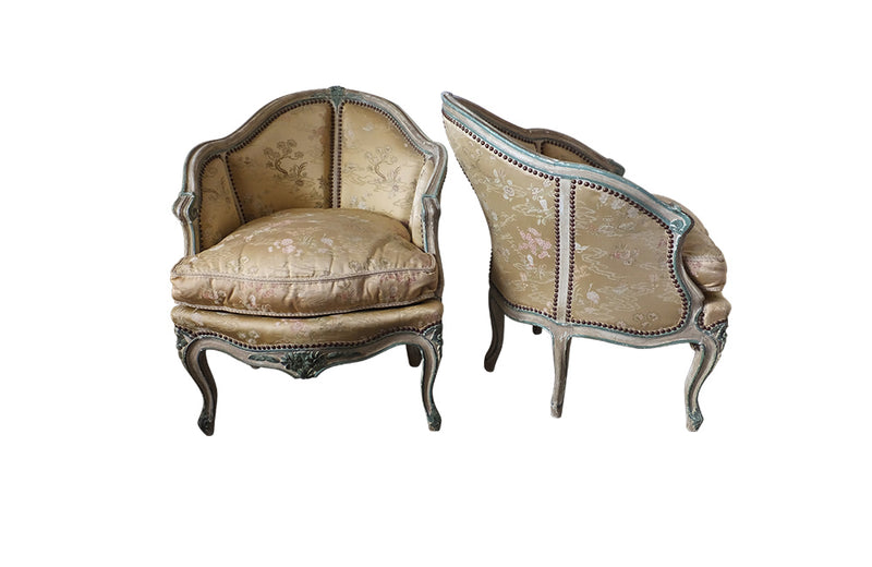 Pair of French Louis XV Revival Armchairs-Pair Of French 19th Century bergeres-French Antiques-Seating-Antique Seating -Silk Upholstery-AD & PS Antiques