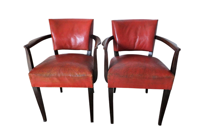 Red Leather Bridge Chairs-Vintage Armchairs-Mid Century Modern-French Antiques-Pair of Vintage Armchairs-Leather Seating-AD & PS Antiques