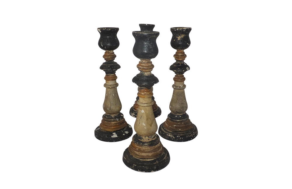 Set of Four French Painted Wooden Candlesticks-Candlesticks-Candle Holders-Lighting-Antique Lighting-Decorative Accessories-AD & PS Antiques