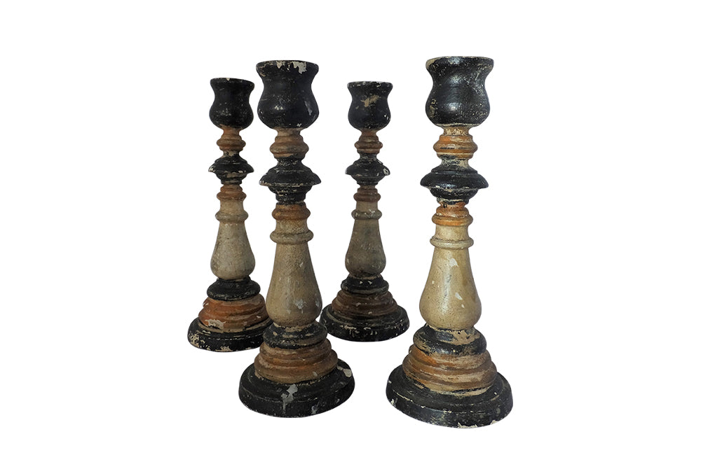 Set of Four French Painted Wooden Candlesticks-Candlesticks-Candle Holders-Lighting-Antique Lighting-Decorative Accessories-AD & PS Antiques