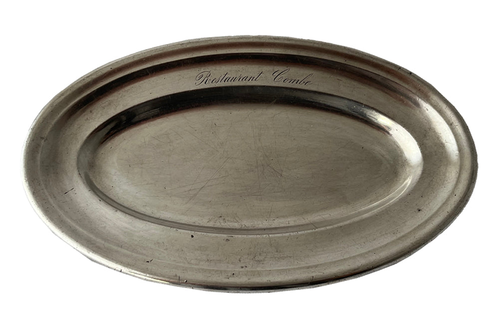 Charming little oval French silver plate tray engraved 'Restaurant Combe'. Maker stamp Felix Freres Toulouse to rear.