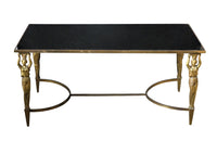 Mid Century French Coffee Table in the Neo-Classical style with brass female caryatids supporting a brass framed black glass top - French Mid Century Furniture - AD & PS Antiques 