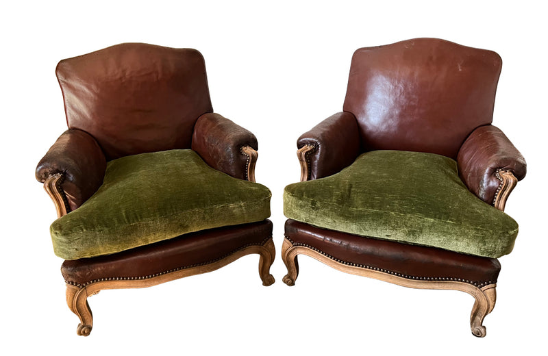 Pair Of Large French Worn Leather Armchairs - French Antique Furniture - Antique Armchairs  - French antiques - Antique Chairs - AD & PS Antiques