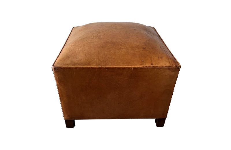 French Vintage Leather Pouffe - French Mid Century Furniture - Letaher Stool - Vintage Stool - Leather pouffe - Mid Century Furniture - Vintage Stool - French Antique Furniture - Antique Shops Tetbury - adpsantiques - AD & PS Antiques