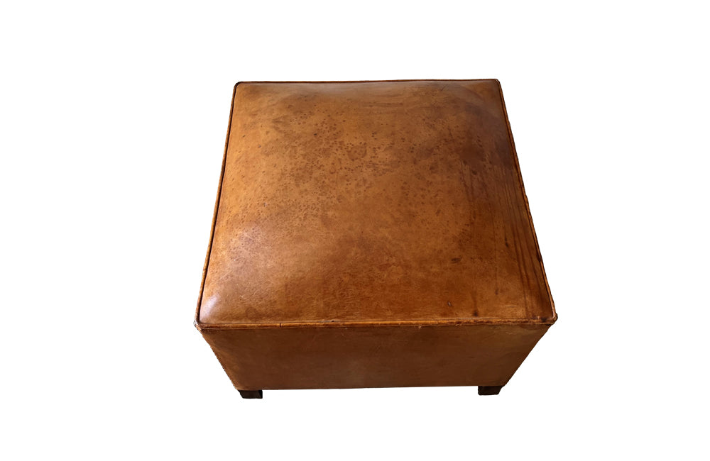 French Vintage Leather Pouffe - French Mid Century Furniture - Letaher Stool - Vintage Stool - Leather pouffe - Mid Century Furniture - Vintage Stool - French Antique Furniture - Antique Shops Tetbury - adpsantiques - AD & PS Antiques