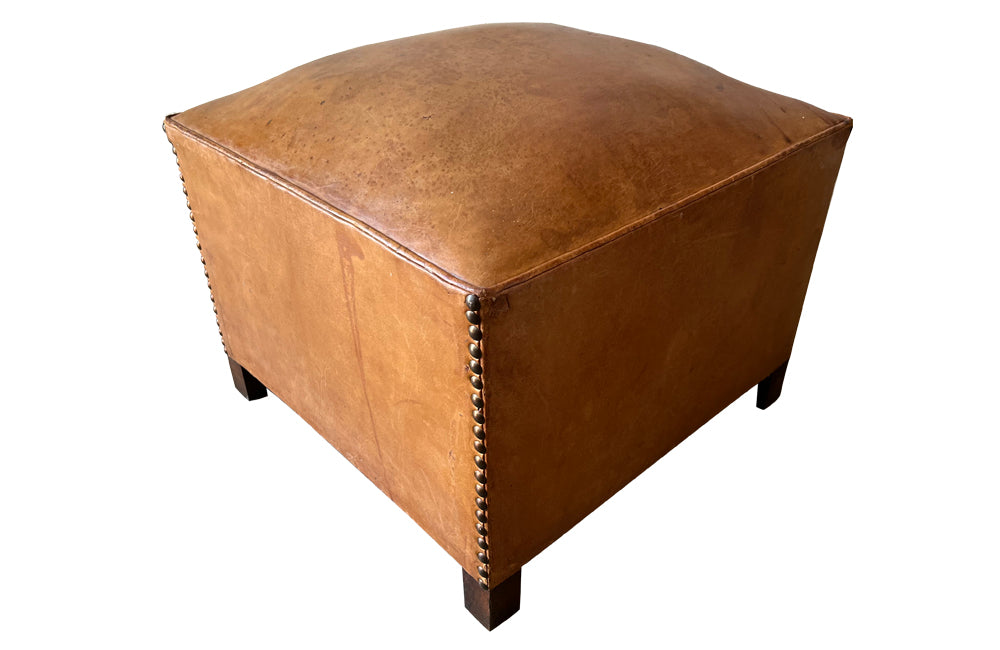 French Vintage Leather Pouffe - French Mid Century Furniture - Letaher Stool - Vintage Stool - Leather  pouffe - Mid Century Furniture - Vintage Stool - French Antique Furniture - Antique Shops Tetbury - adpsantiques - AD & PS Antiques