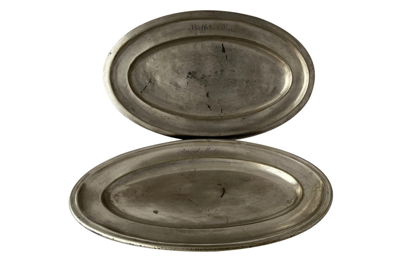 Two large French silverplate serving trays engraved 'Buffet Metz'. Both lovely hotel quality, one stamped with the makers mark Christofle.