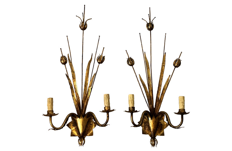Pair of Giltmetal Bulrush Wall Lights By Ferrocolor - Mid Century Lighting - Spanish Design - Wall Lights - Wall Appliques - Antique Shops Tetbury - Decorative Lighting - Designer Lighting - adpsantiques - AD & PS Antiques