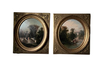 Pair of 19th century romantic framed oval oil on canvas paintings, each set in the garden of a chateau or manor house.