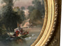 Pair of 19th century romantic framed oval oil on canvas paintings, each set in the garden of a chateau or manor house.