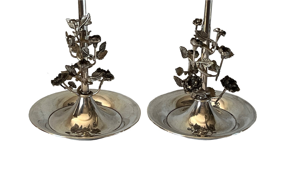 Pair Of Silver Plated Floral Table Lamps - Mid Century Lighting -Spanish Vintage Lighting - Pair of Table Lamps - Decorative Lighting - Roses - Silverplate Lampbase - Antique Shops Tetbury - adpsantiques - AD & PS Antiques